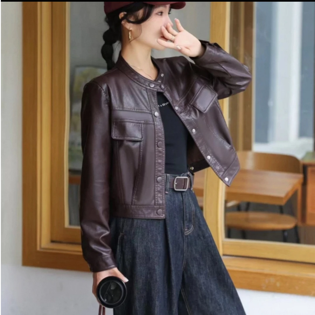 芭莎家25805时尚百搭休闲PU皮夹克