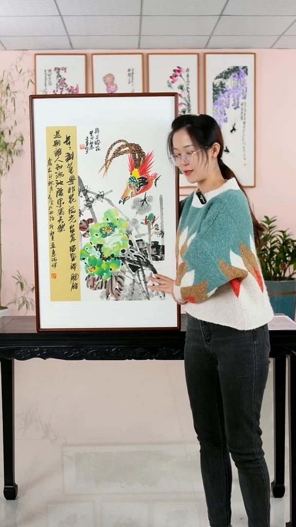 国画汪琼《锦上添花》手绘原稿檀木框92*57厘米