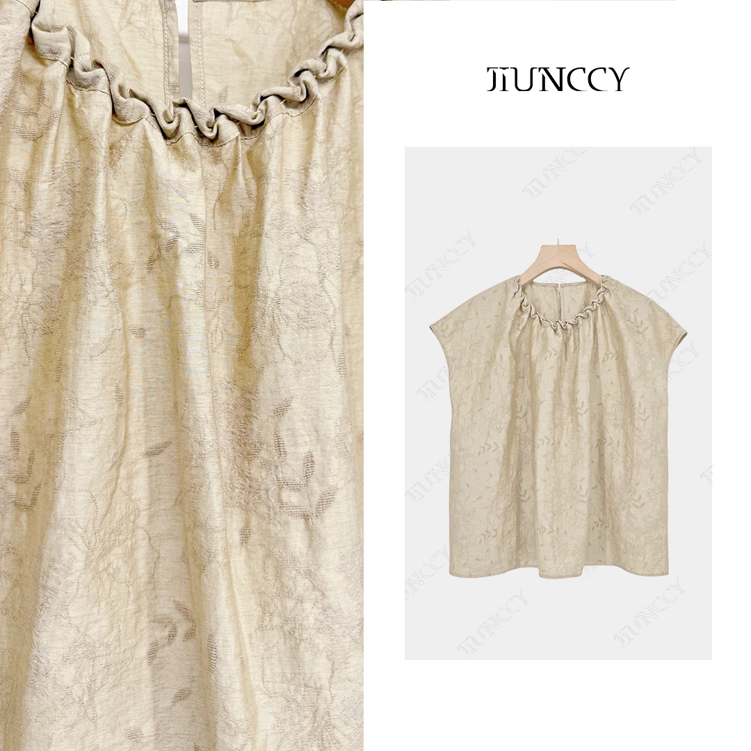 JIUNCCY【花容】定制亚麻莫代尔暗纹提花手工编花领上衣 52YCY053