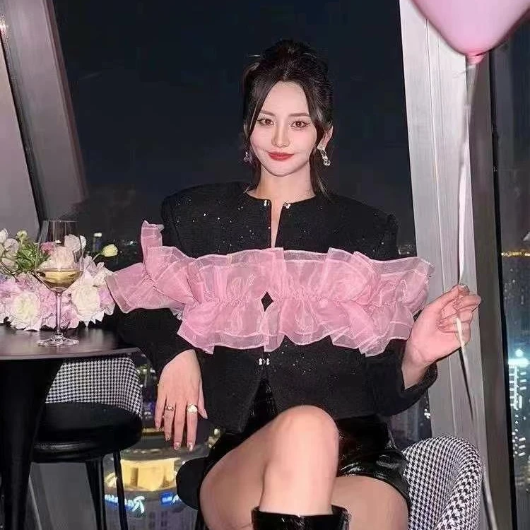 法式小香风木耳边拼接外套女2024秋冬新款小个子洋气减龄百搭上衣