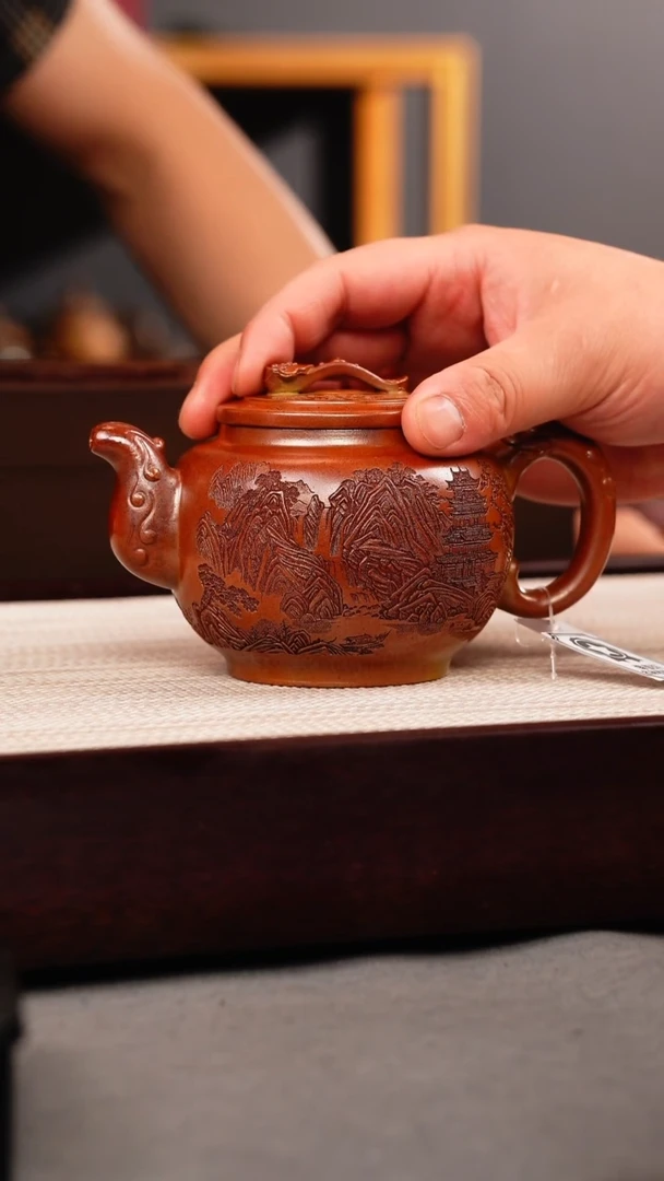 茶杯紫砂火云烧 如意鼓壶 刻绘