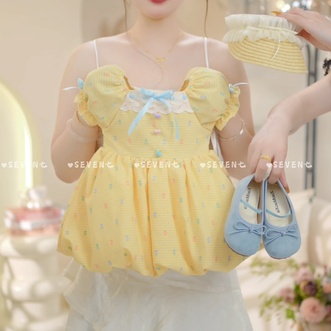 女童2025夏季新款洋气娃娃蝴蝶结拼接花边百搭连衣裙C23211