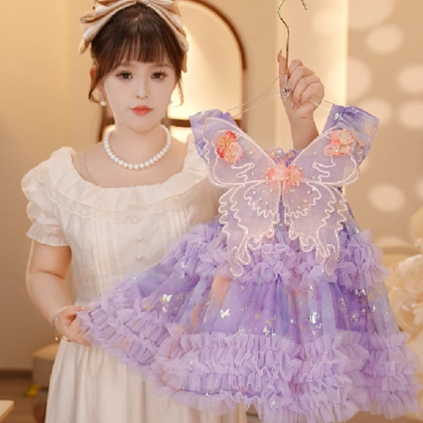 【Y.d8714】25夏季新款女童飞飞袖亮片 公主裙女宝洋气蝴蝶结连衣裙