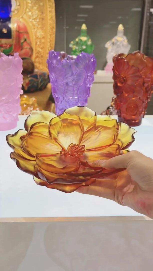 琉璃手工艺品古法琉璃山茶花果盘