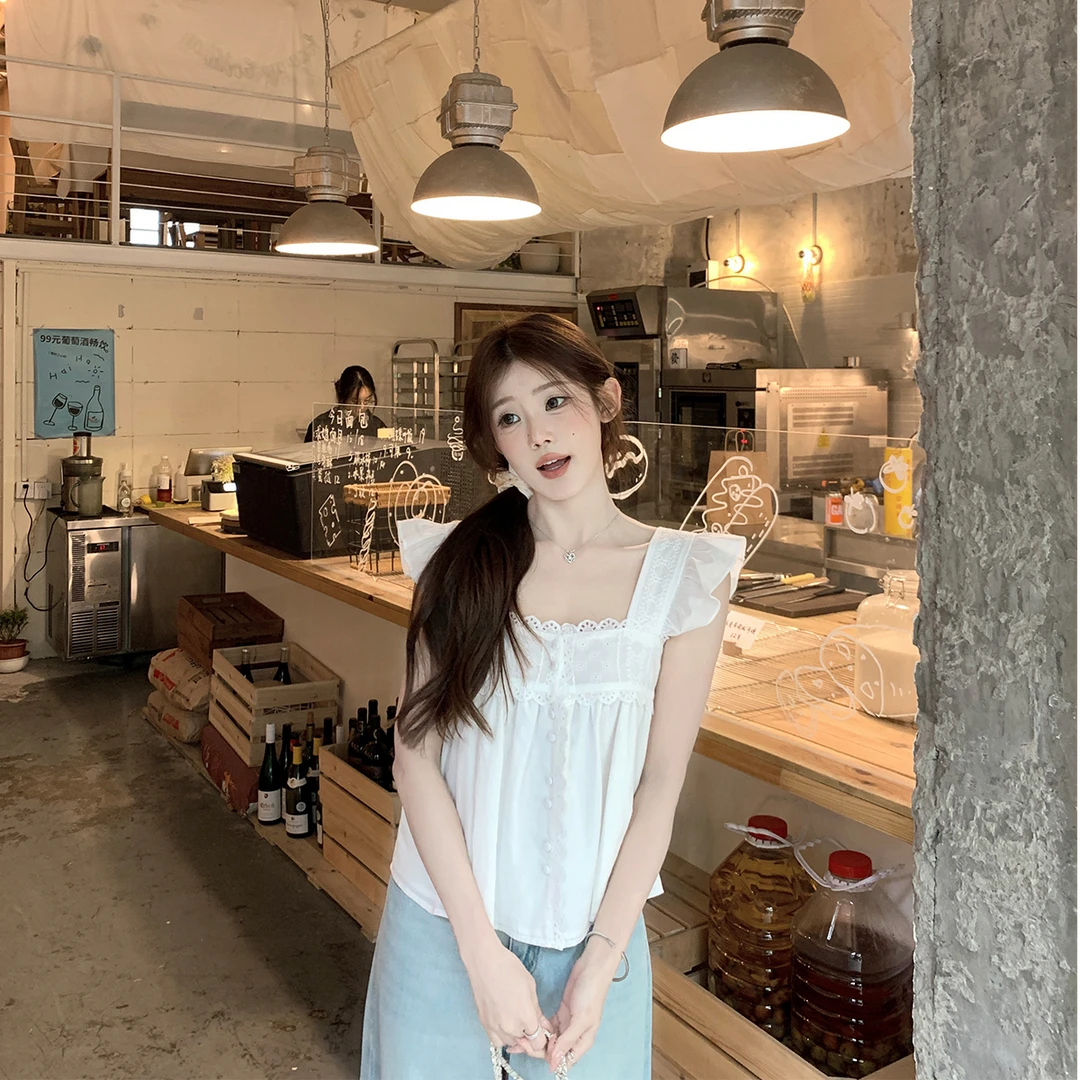 Zzhen【盛夏初恋感】甜欲蕾丝花边小飞袖小衫温柔轻盈上衣DBX051