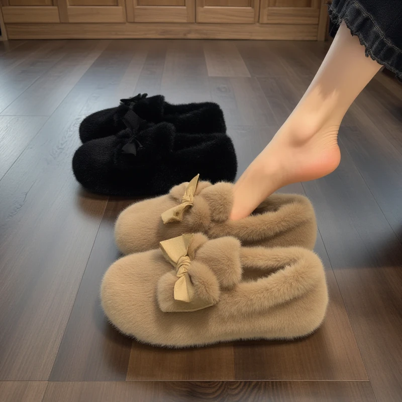 兔毛绒毛毛鞋女冬外穿软底一脚蹬豆豆鞋加绒高级感可爱蝴蝶结棉鞋