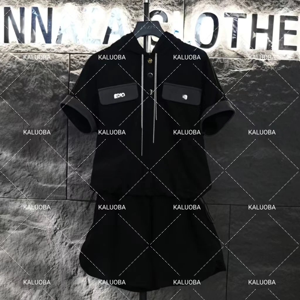 【原创大码设计师款】夏季连帽显瘦上衣+百搭短裤时尚套装3790#