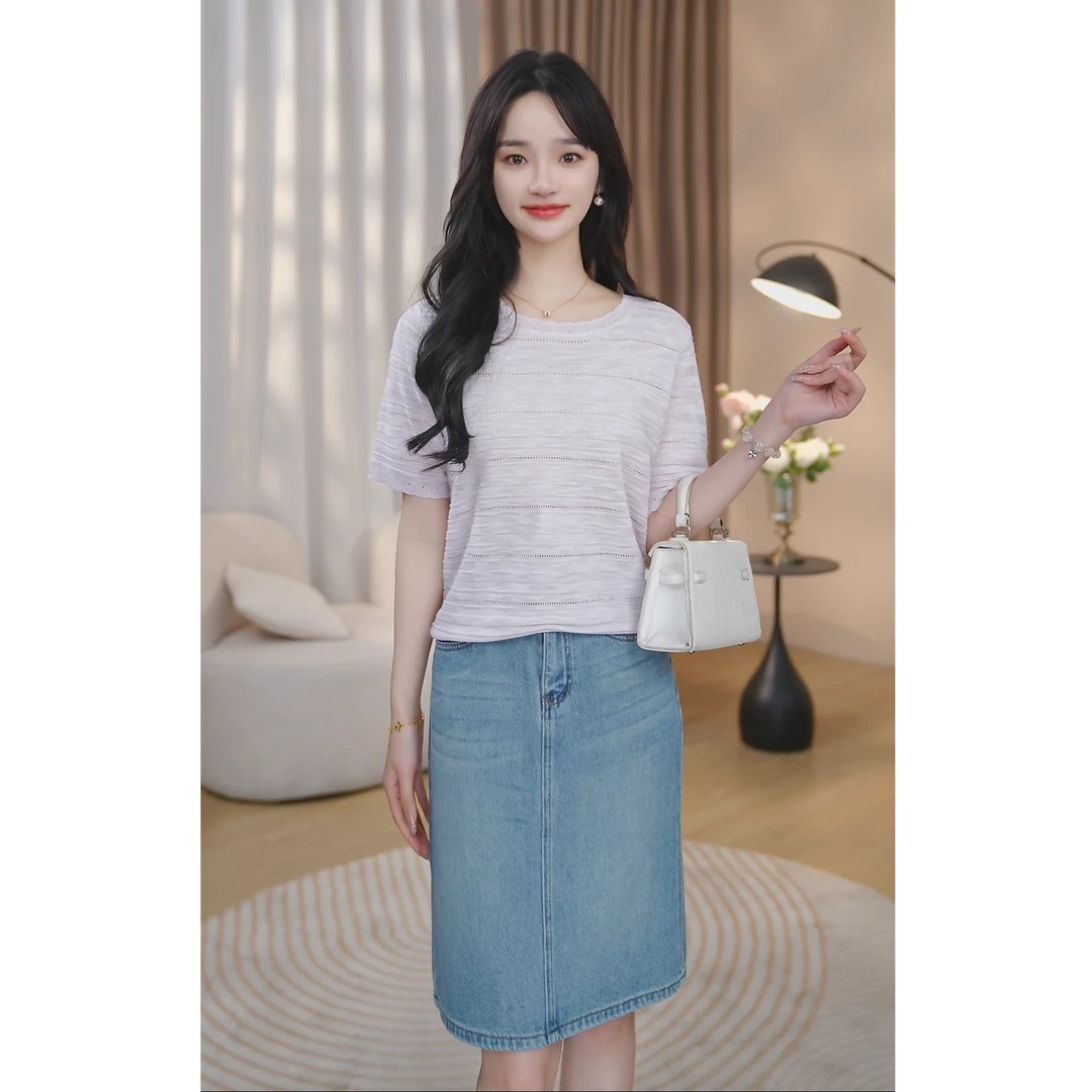 曼贝2025抗起球针织夏季新款镂空圆领短袖袖毛衫薄款ZZ0011【佳莹】