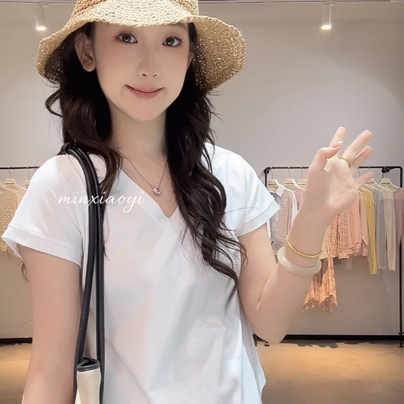 【闵笑一】素纸流年短袖T恤女夏定制设计款V领休闲百搭微透显瘦上衣