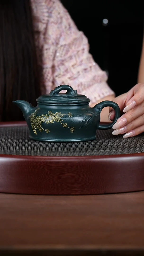 茶壶紫砂13WSY 景舟绿泥 竹节虚扁300cc