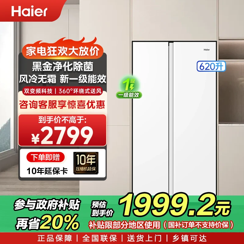 【国补20%】海尔双门大冰箱620L冰雪白一级节能大容量黑金净化