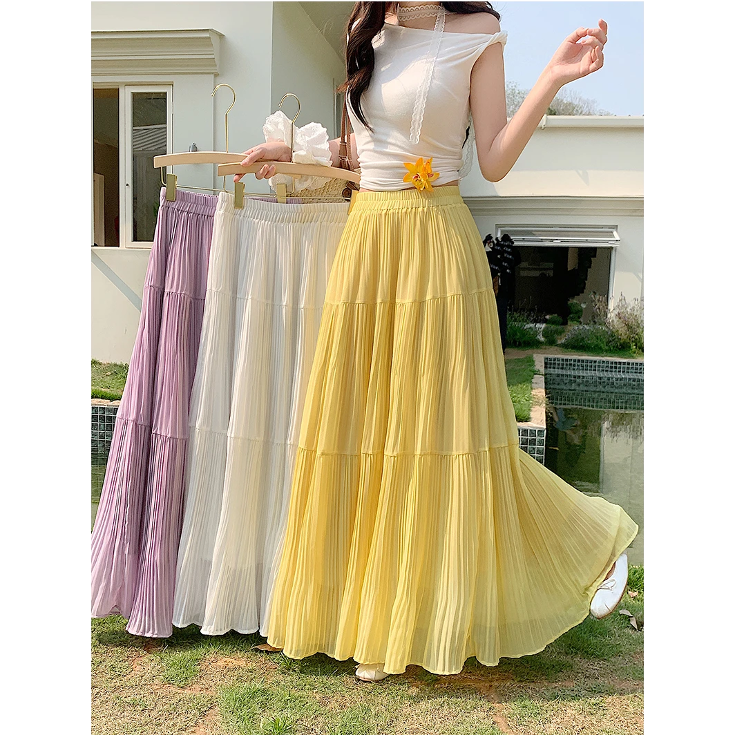 2025夏季新款胖mm大码松紧高腰显瘦百褶半身裙女垂坠感百搭蛋糕裙