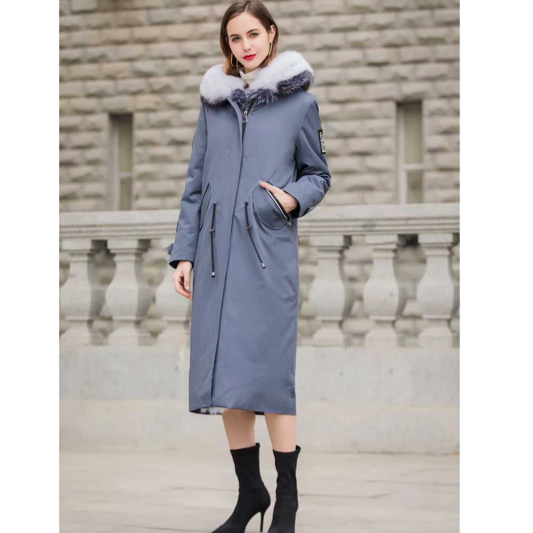 女士冬季时尚修身显瘦派克服活里活面可摘些兔毛内胆玄狐大毛领