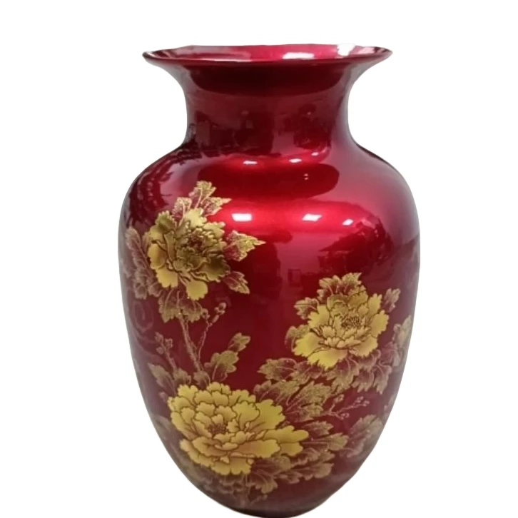 【景元宝陶瓷】景德镇中国红金牡丹冬瓜瓶XD