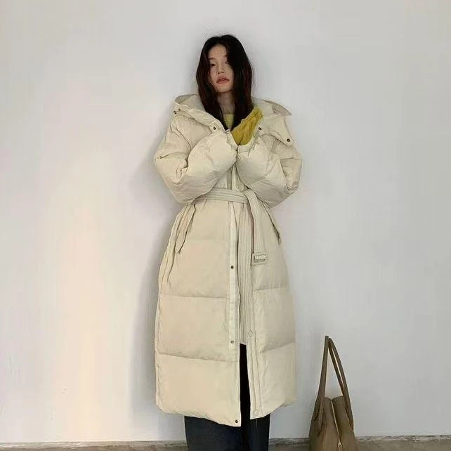 羽绒服蓬松保暖女连帽长款加厚韩版时尚休闲红色宽松 8012