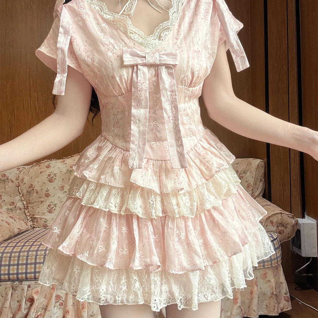 ESTD 2020/春田花园显瘦连衣裙夹竹桃双生花甜美蕾丝碎花小香风