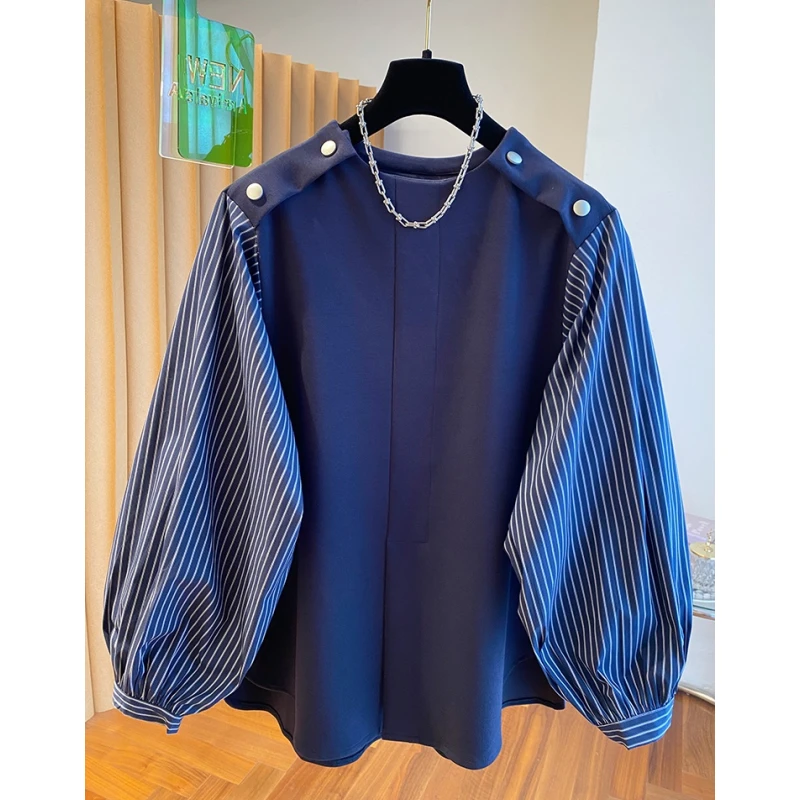 韩系高级感条纹衬衫拼接卫衣女2025新款宽松独特别致超好看上衣秋