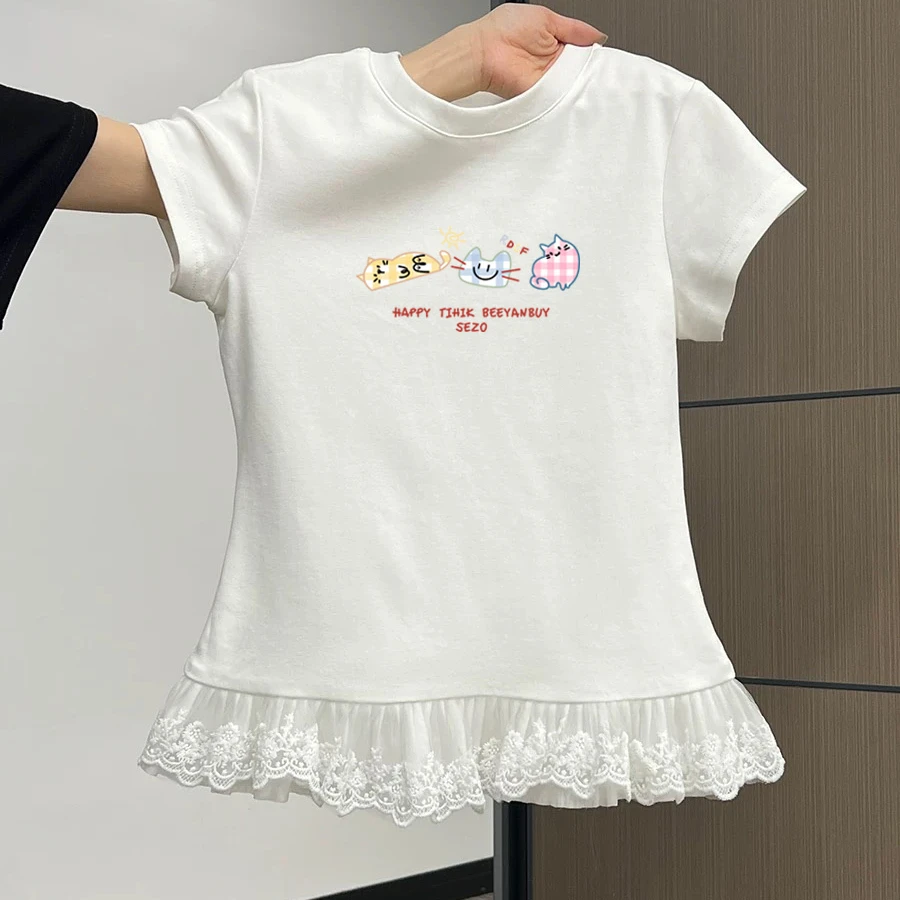 白色花边内搭T恤夏季2025新款修身圆领短袖女透气百搭小众不撞款