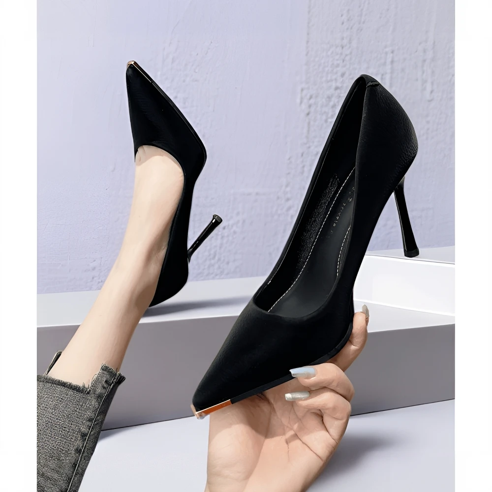 黑色细跟尖头时尚浅口职业防踢高跟鞋5-7-9CM2025年秋季新款百搭