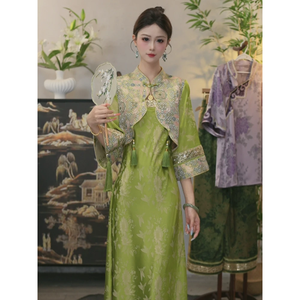 夏维莲2025夏季新款中国风飘逸日常绿和粉长款连衣裙（1735）