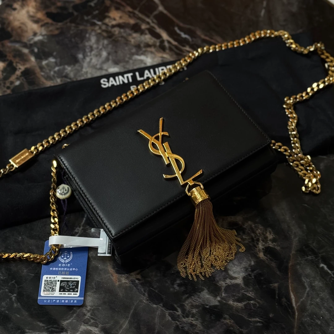 95新 YSL/圣罗兰 黑金小号KATE 流苏款/链条单肩包
