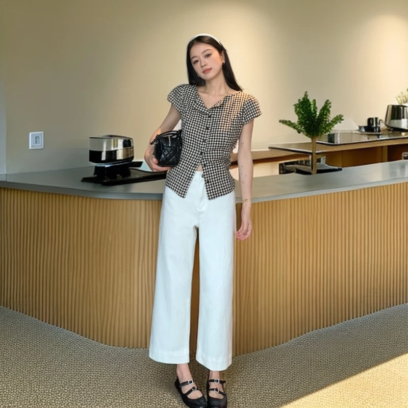 DommyandZ 【糯米四面弹牛仔】秋季白色高腰时尚宽松垂感九分牛仔裤