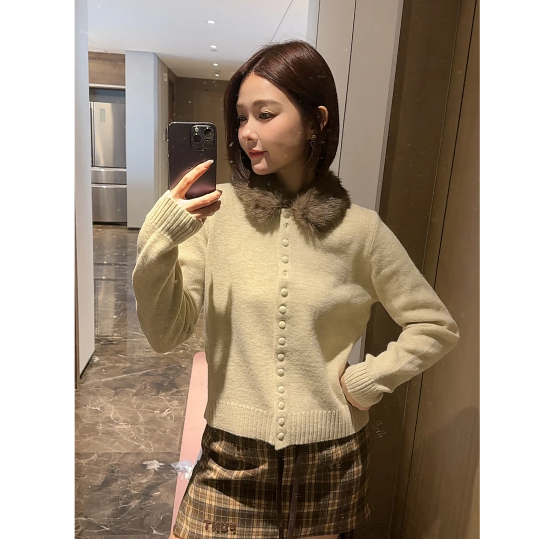 JDE 杏色可拆卸毛毛领子长袖针织开衫秋冬新款韩系气质毛衣外套