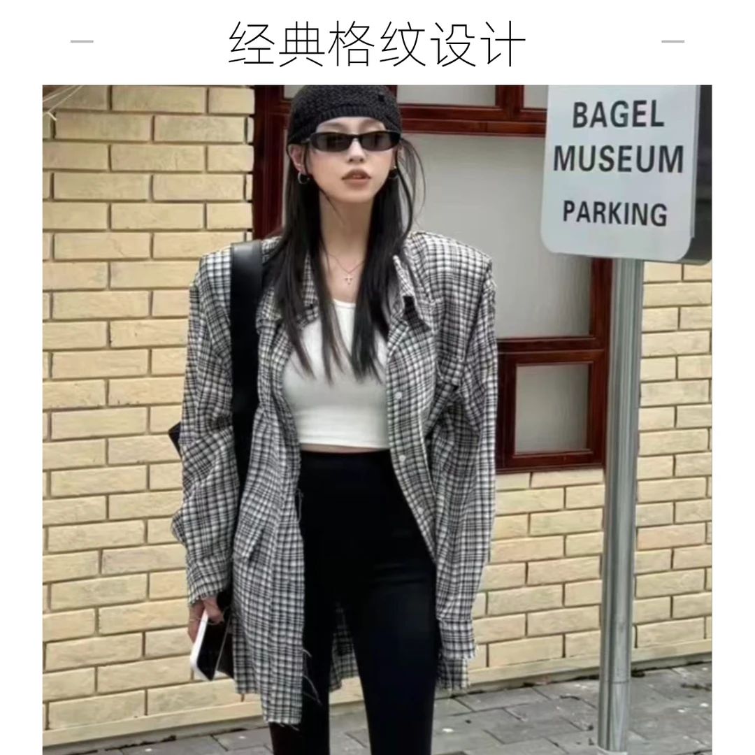 韩系蓝色显白格子衬衫外套女秋季慵懒风衬衣宽松休闲上衣