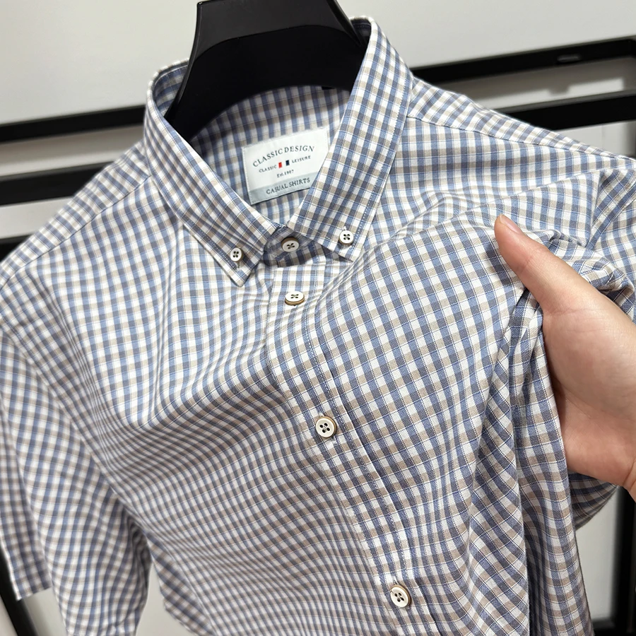 Zero Degree North高端莱赛尔格子短袖衬衫男士免烫商务休闲上衣