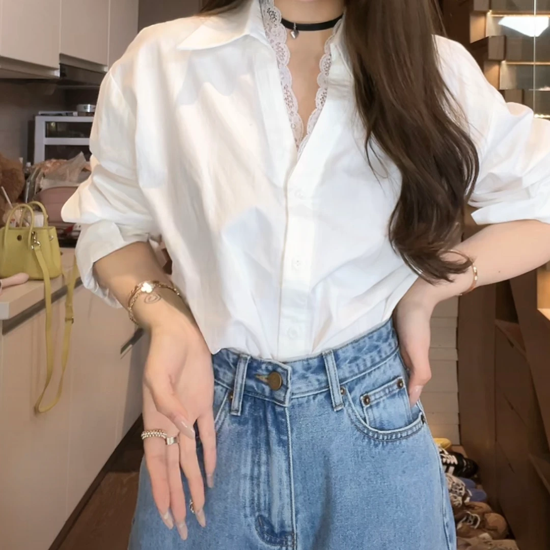 【必备白衬衣】泡菜订制蕾丝边设计感气质百搭时尚休闲白色衬衫