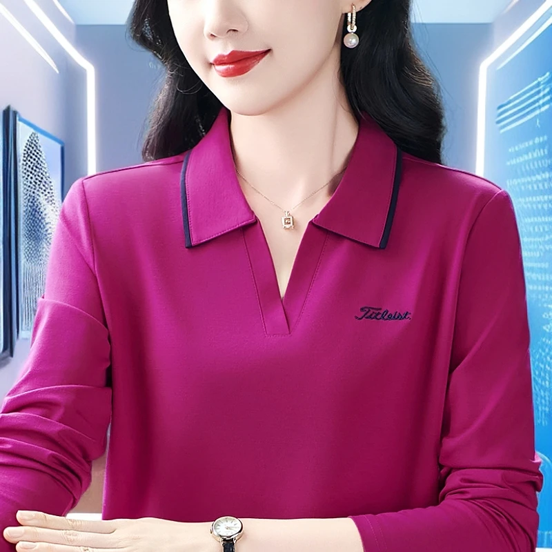 爆款火龙果时髦港风妈妈长袖t恤女春秋2025冰丝上衣运动polo衫OL