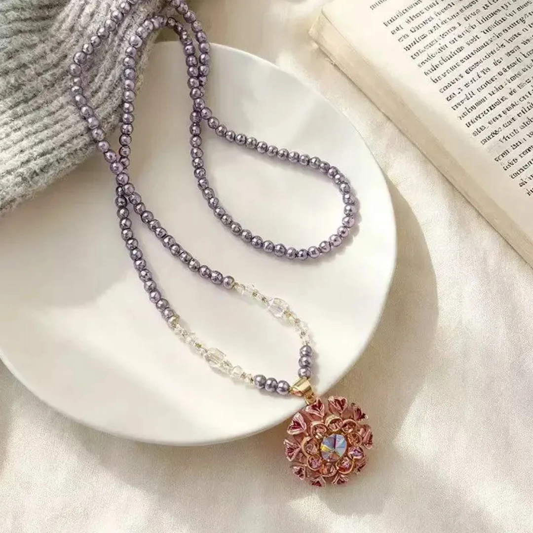 铜合金合成锆石项链 轻奢饰品颈链锁骨链紫色花团锦簇项链-2261