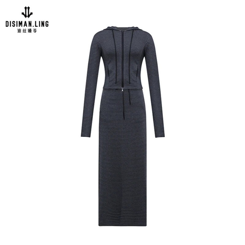 迪丝嫚苓黑灰条套装显瘦气质长袖时尚修身秋冬复古原创设计师新款