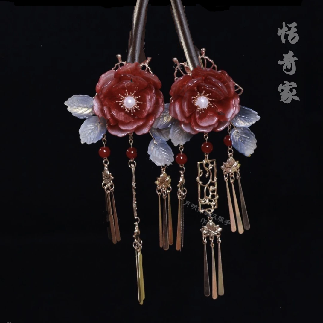 恬奇家5355“紫露凝香”木质编绳款流苏发簪琉璃大花百搭国风新中式