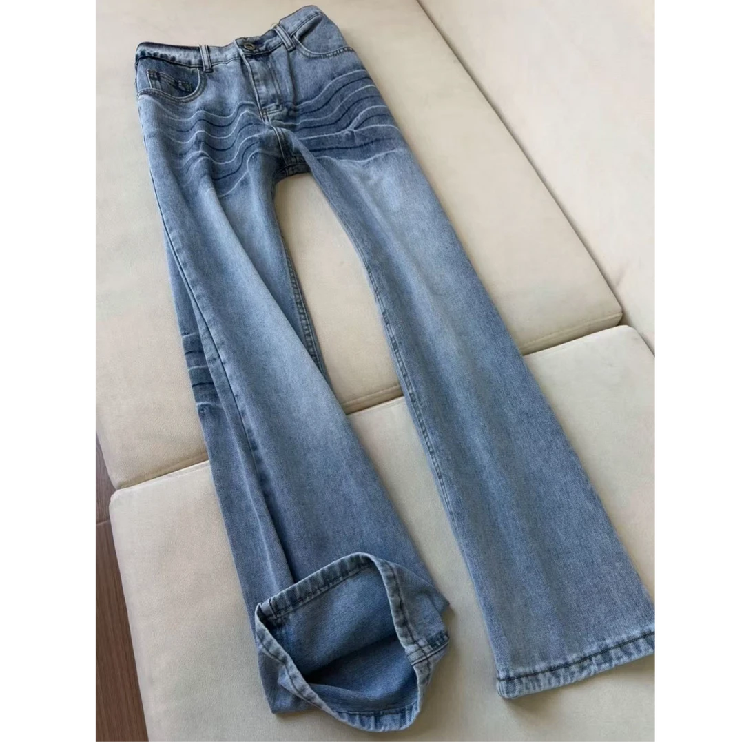 vintage水洗蓝闪电纹牛仔裤男美式休闲百搭做旧炸街微喇修身长裤