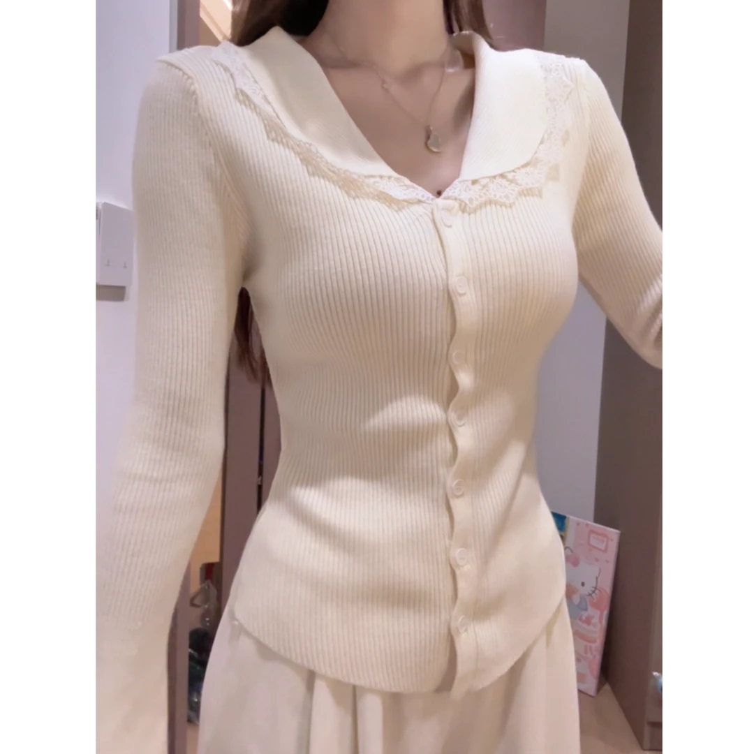 秋冬法式复古蕾丝边娃娃领长袖上衣设计感薄款针织打底开衫女内搭