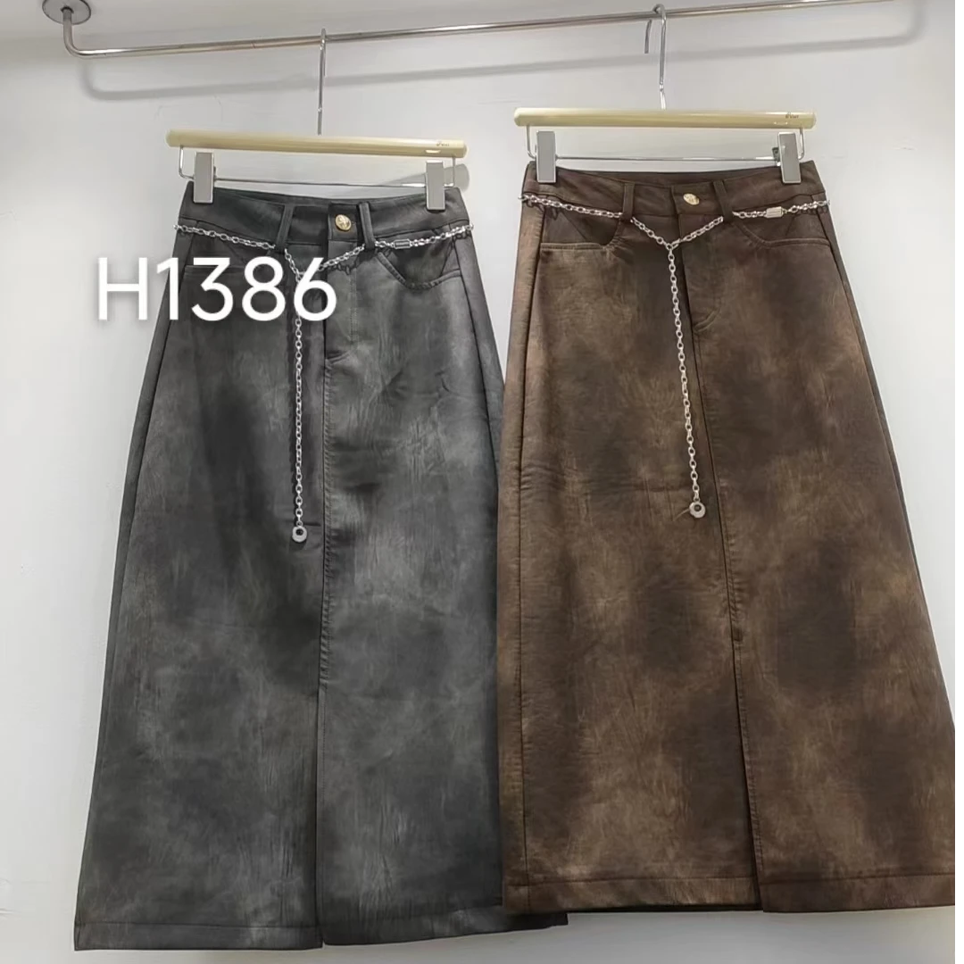 1826【裙长75】复古高腰皮裙p皮高级感显瘦气质开叉中长款a字半身裙