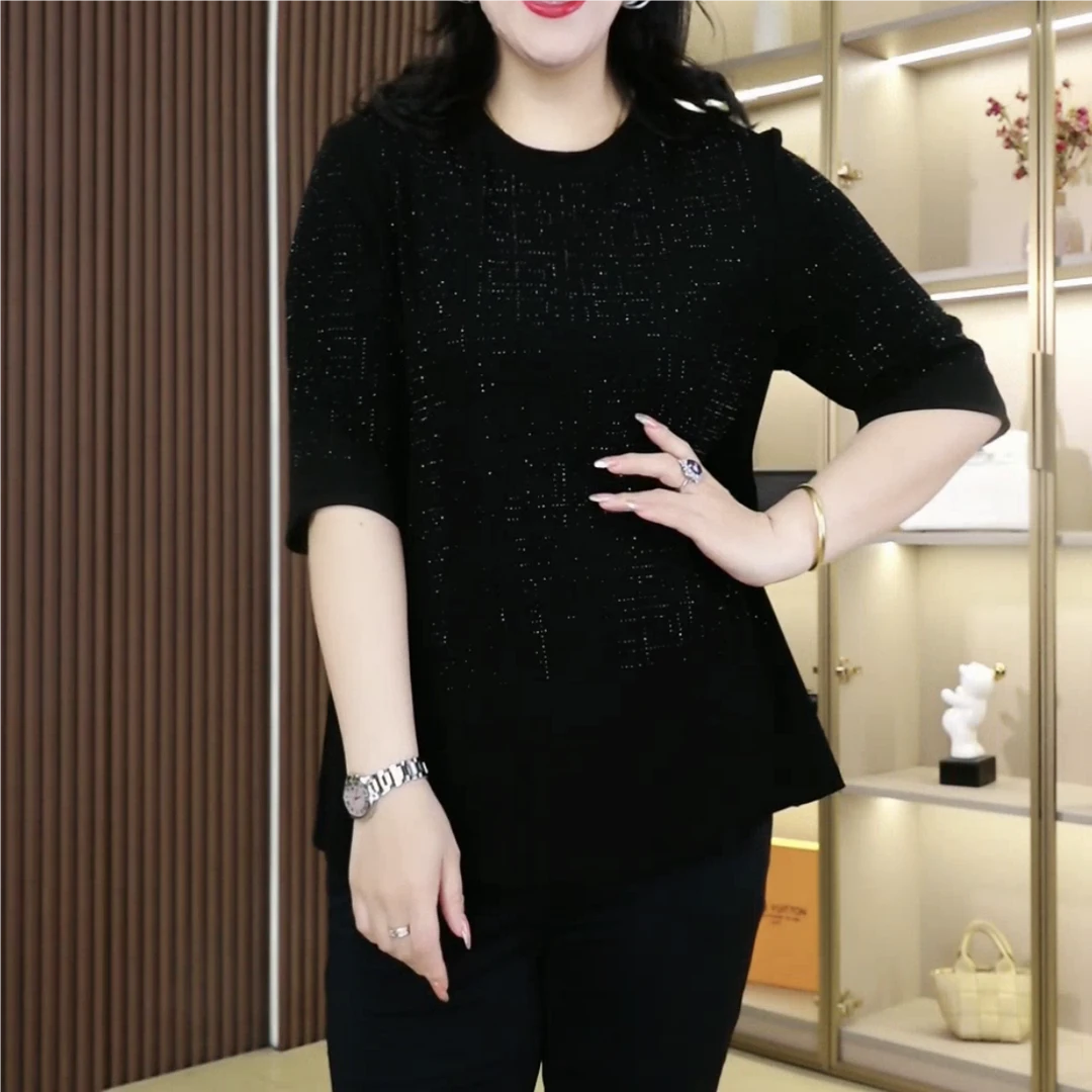 丹思慕夏季新款显瘦时尚烫钻百搭显瘦宽松圆领五分袖小衫250968