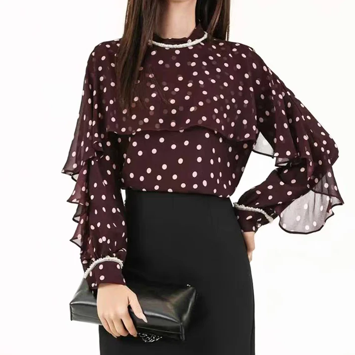 1244  时尚圆领串珠波点长袖显瘦气质百搭洋气小衫