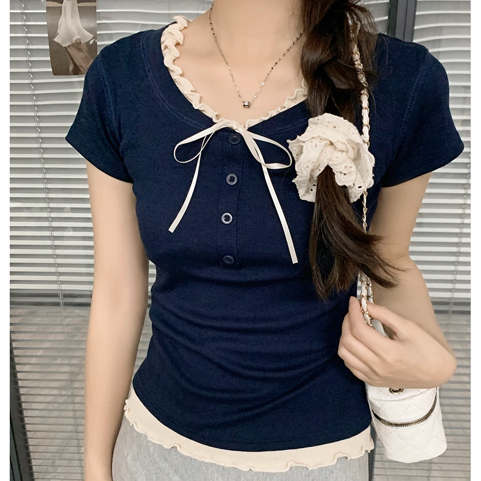 2025夏季新款甜美风设计感短袖T恤女装修身显瘦温柔藏蓝色上衣