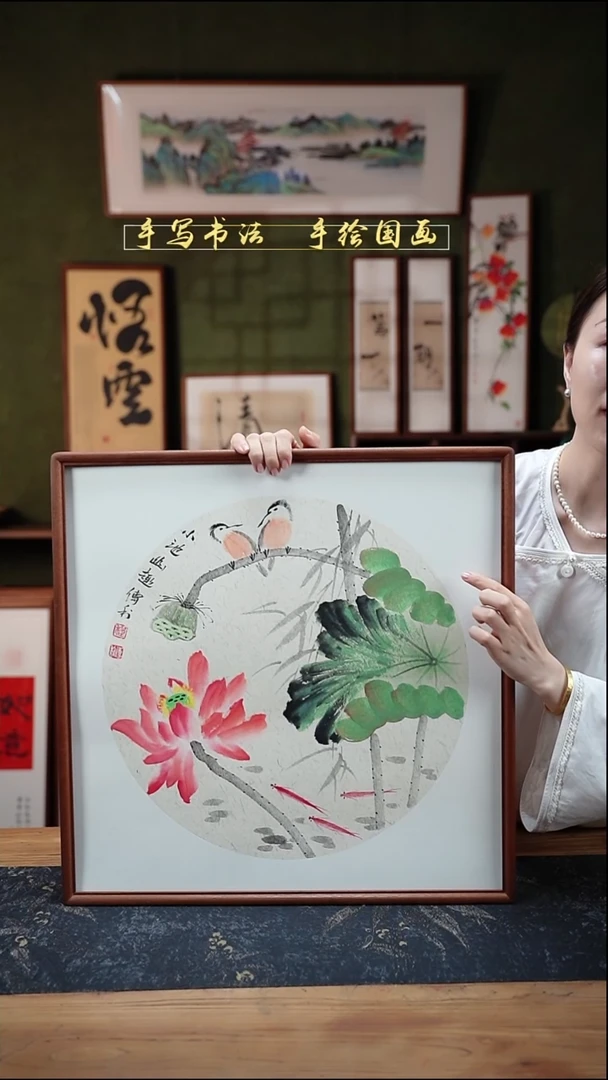 国画CL荷花-双只鸟52×52㎝手绘实木