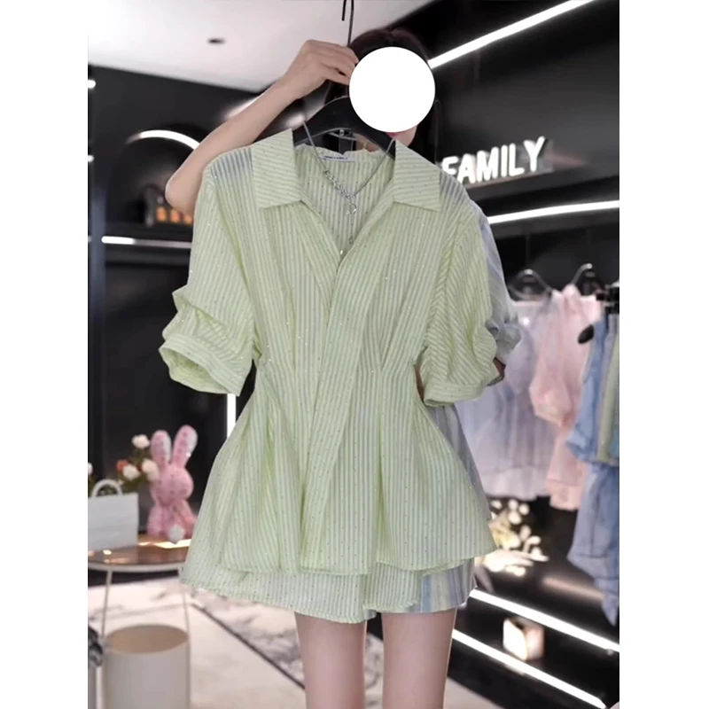 条纹法式V领收腰衬衫女夏季新款大码女装气质时尚显瘦小衫上衣潮