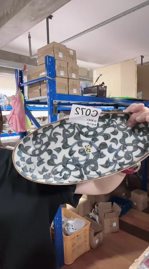 瓷片日本进口瓷器章鱼唐草长盘C072