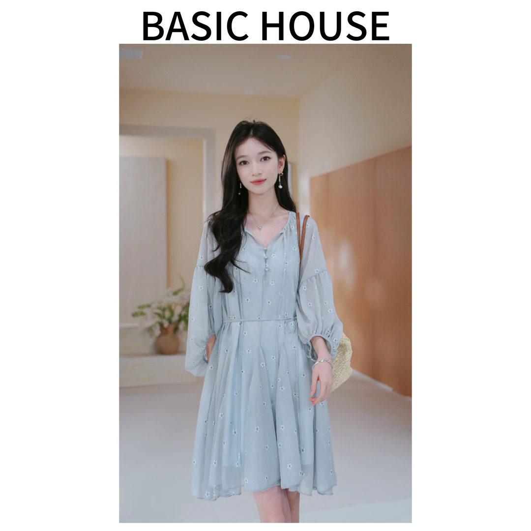 Basic House/百家好夏季新款刺绣裙子显瘦碎花打褶短袖连衣裙女M