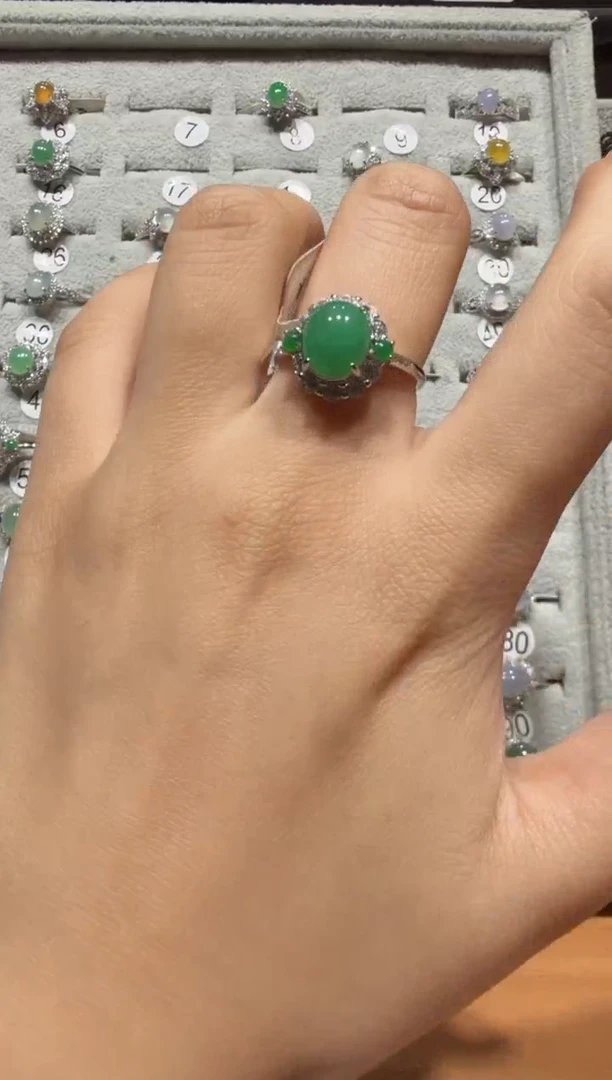 银S925镶嵌戒指翡翠缅甸A货翡翠戒指