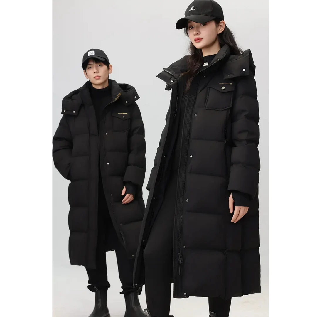 25新款高级时尚黑色加长加厚男女同款情侣连帽鹅羽绒服外套