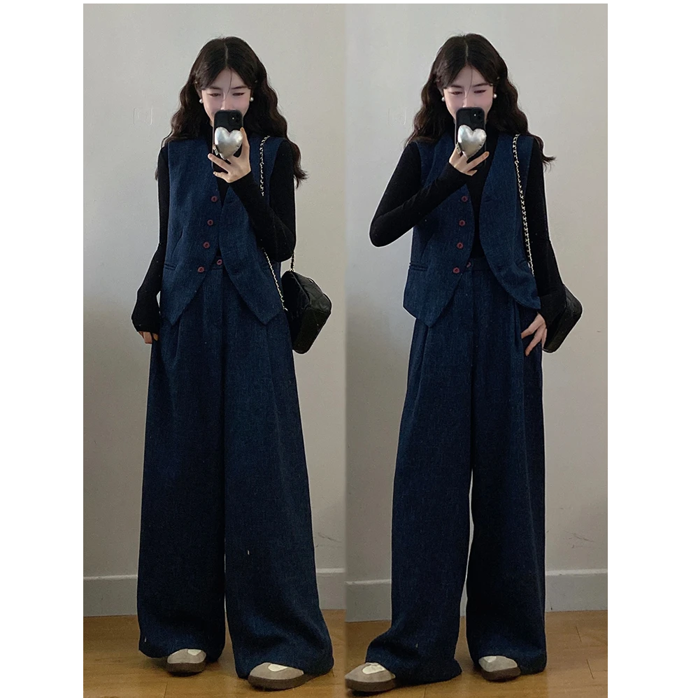 大码女装老钱风高级感马甲套装韩系气质通勤阔腿裤两件套