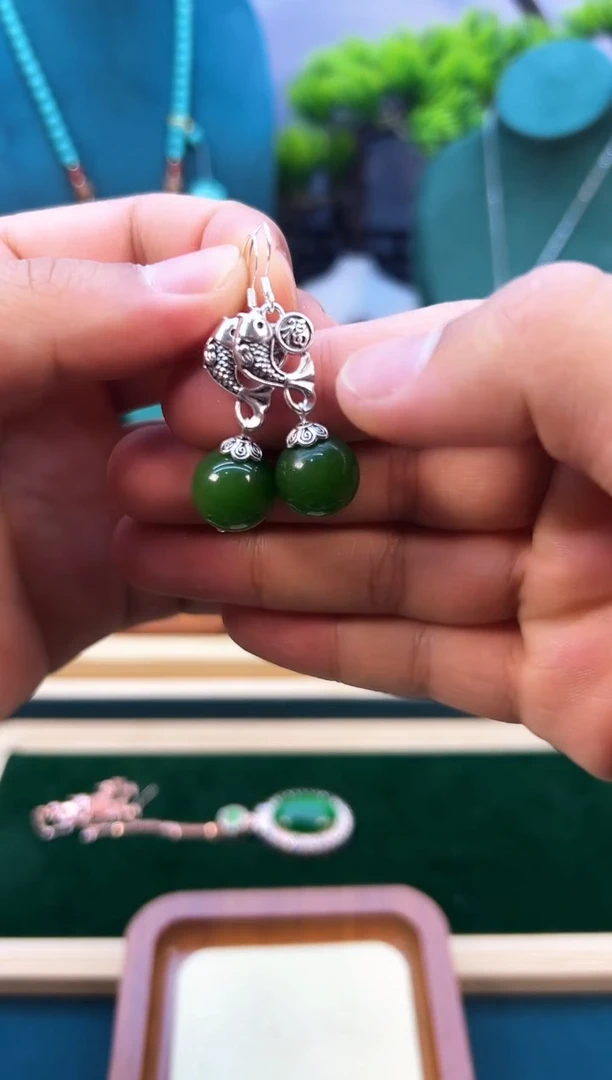 和田玉银S925镶嵌耳饰E10