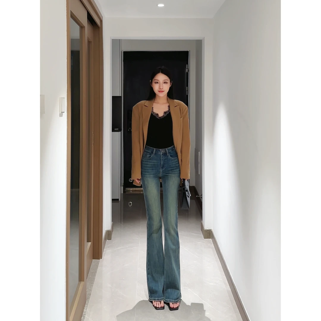 春秋季复古高腰微喇叭口袋毛边设计微喇牛仔裤裤子女2025新款