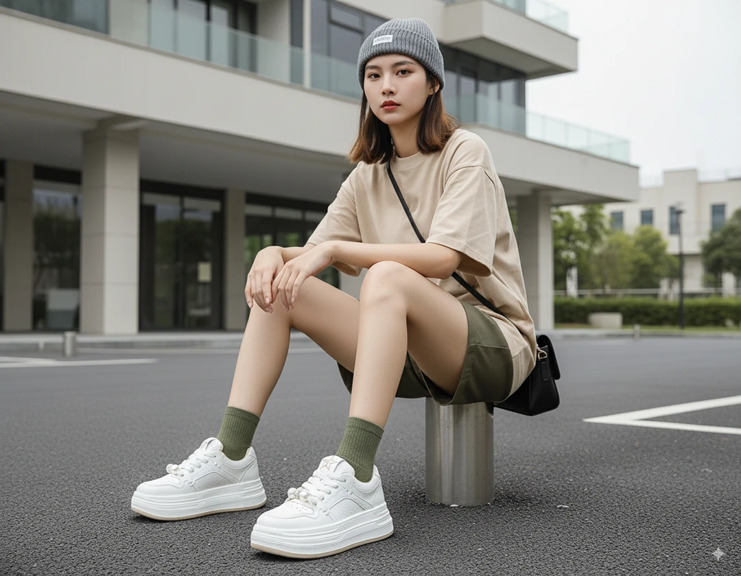 厚底小白鞋女透气系带软底圆头轻便百搭网面增高运动板鞋50015